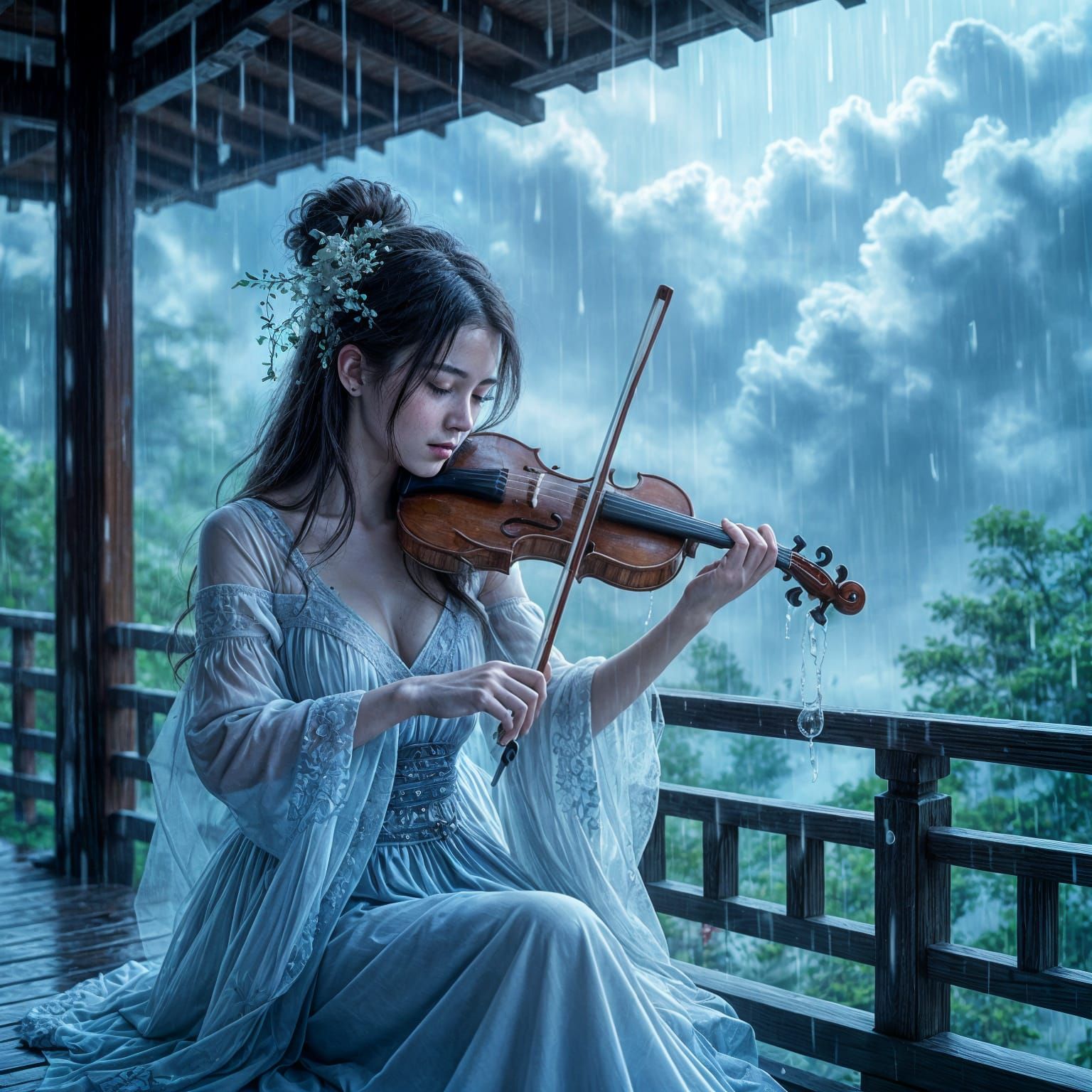 Rain Violin Scene in Japanese Style