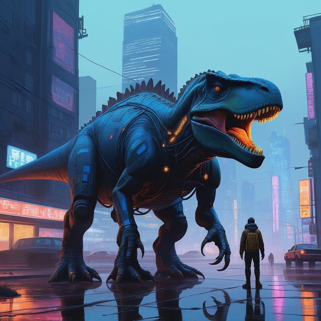 Cybernetic Dinosaur Reigns Over Futuristic Cityscape