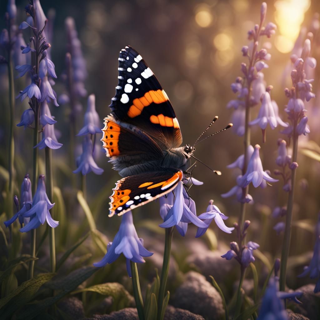 Red Admiral Butterfly on Bluebells: Detailed Matte Painting