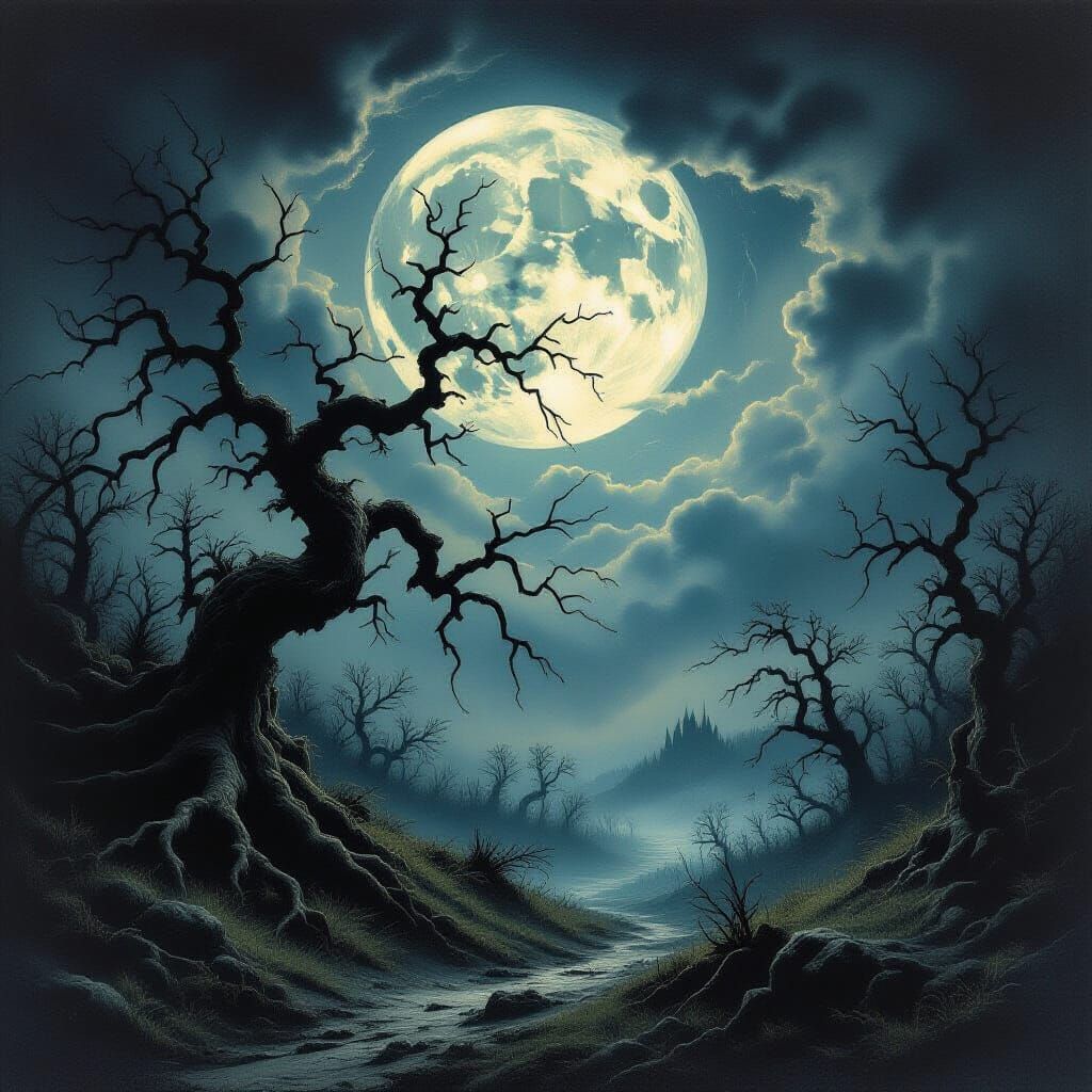 Haunting Moonlit Landscape in Gothic Horror Style