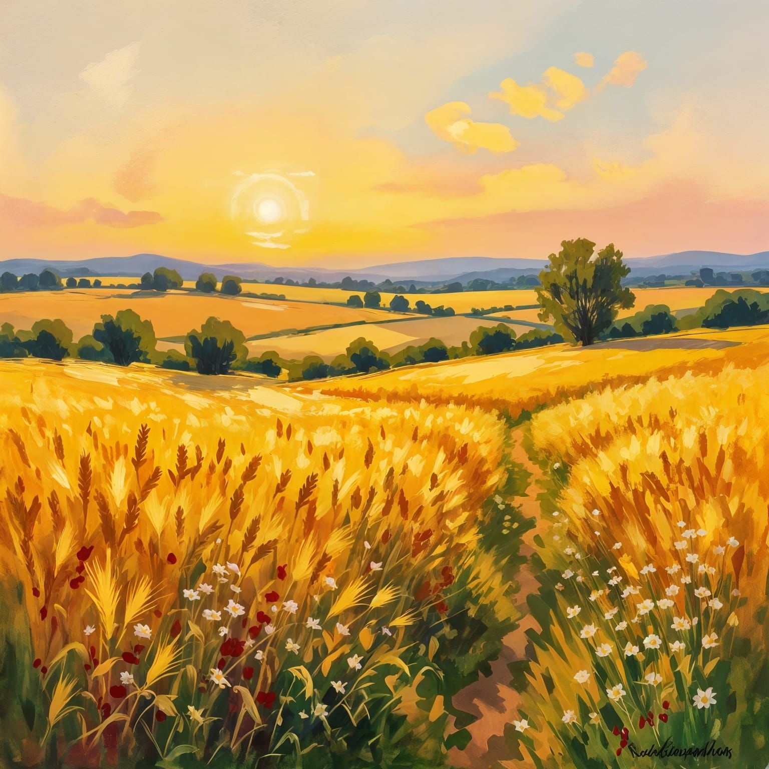 Impressionistic Oil Painting of Golden Hour Farmland