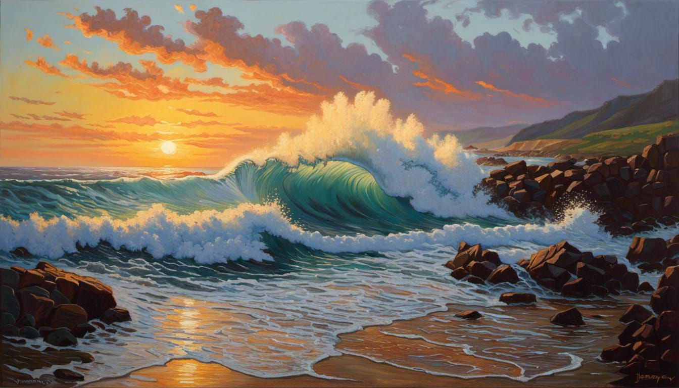 Oil Painting Masterpiece With Perfect Composition,  Visual representation of oceanic sunset crashing waves; oil painting...