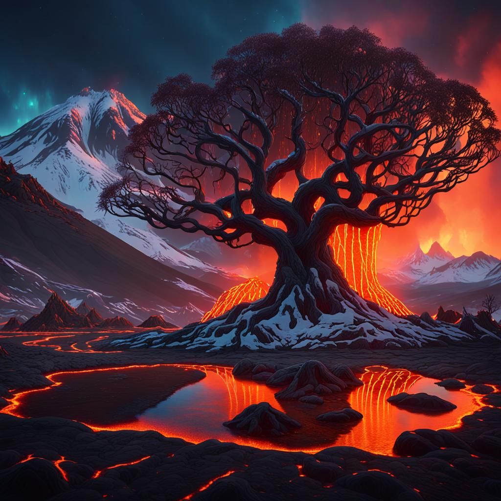 Surreal Landscape: Glowing Tree in Lava Lake