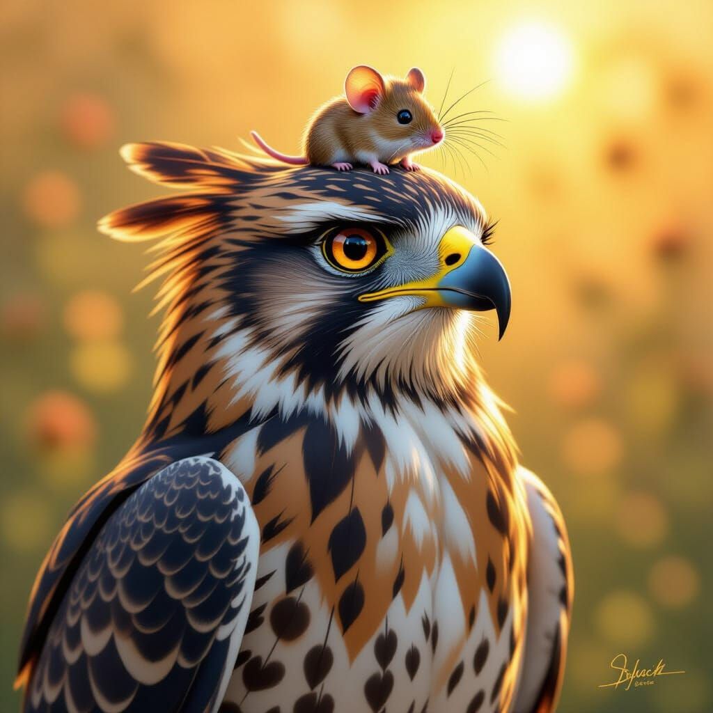 Hawk and Mouse Friendship in Warm Sunlight