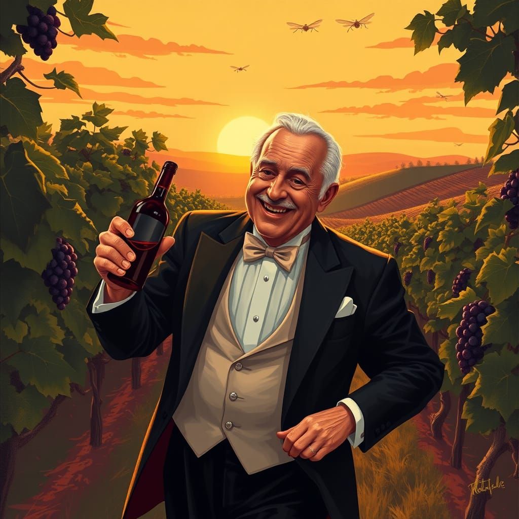 Elegant Gentleman Stumbles Through Vineyard at Sunset