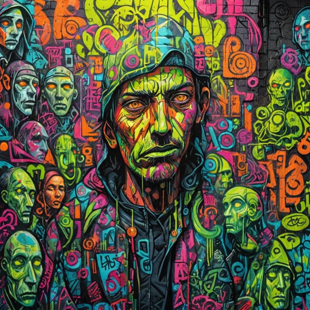 Neon Graffiti Figure in Urban Alleyway