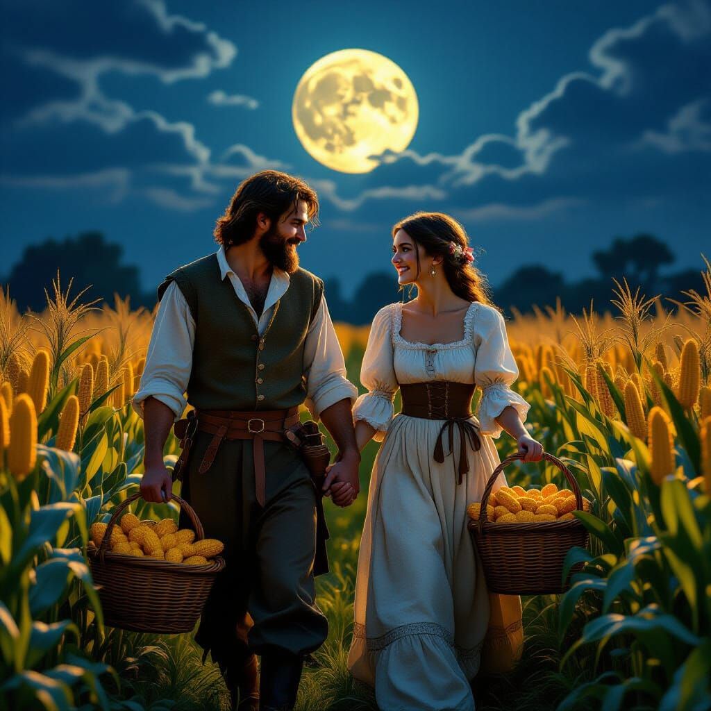 Medieval Farmers in Cornfield, Art Nouveau Style