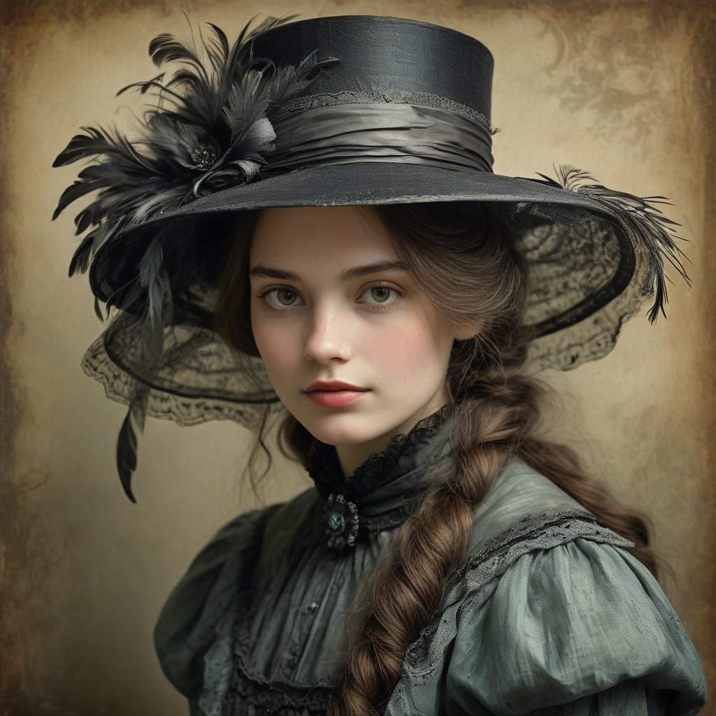 Elegant Victorian Lady in Charcoal Portrait with Vintage Hat