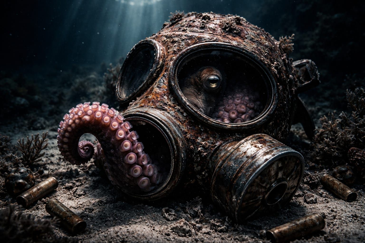 Octopus Hides in Rusty Gas Mask Underwater