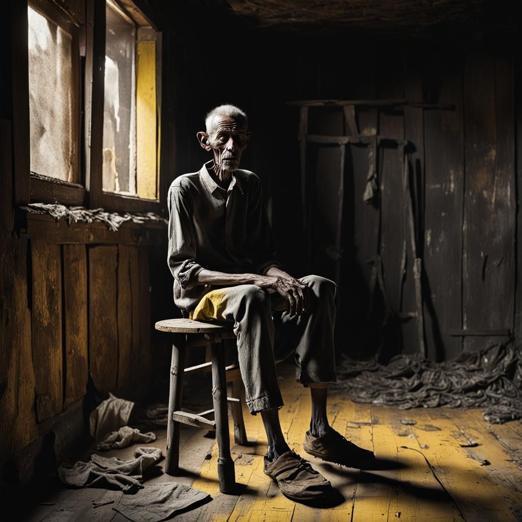 Horror Scene: Gaunt Man in Dark Wooden House