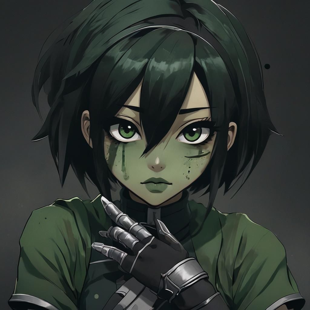 Gothic Earthbender Toph in Deep Green, Anime Style