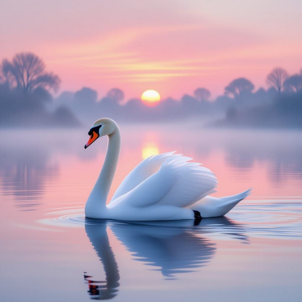Majestic Swan on Misty Lake at Dawn