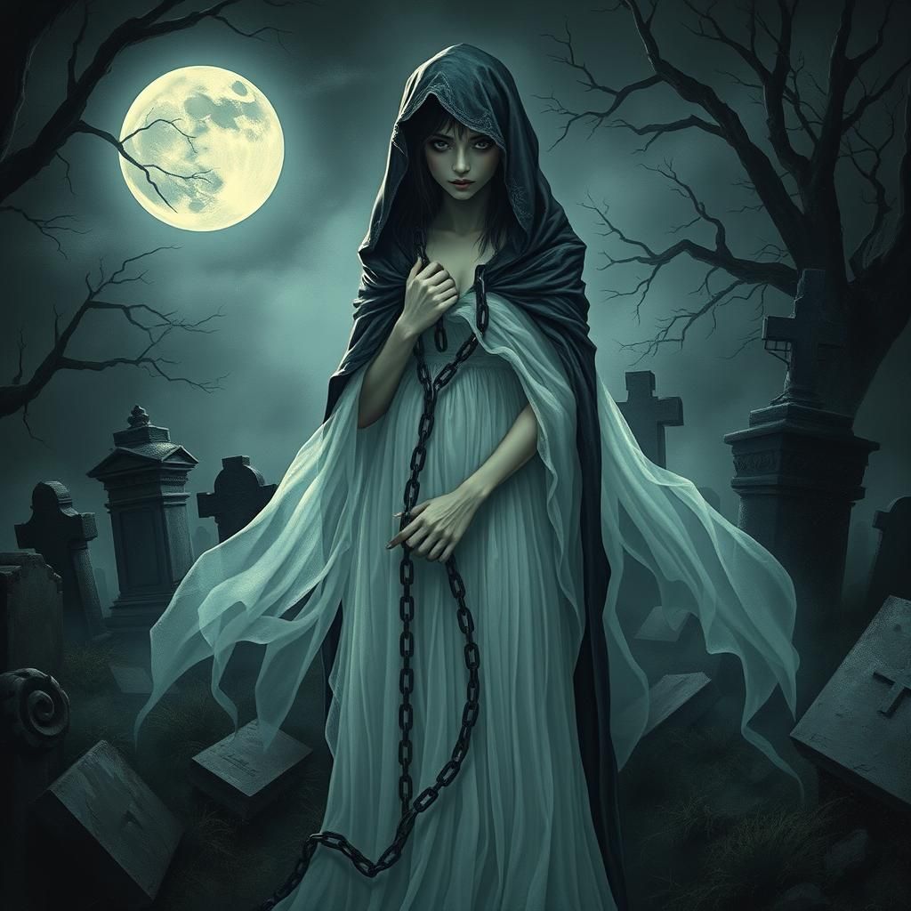 Ethereal Woman in Moonlit Graveyard, Atmospheric Illustratio...