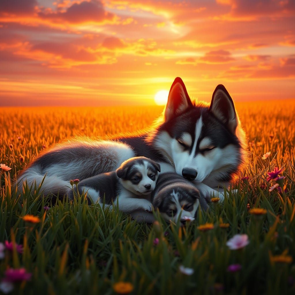 Serene Husky Mother in Vast Field of Wildflowers