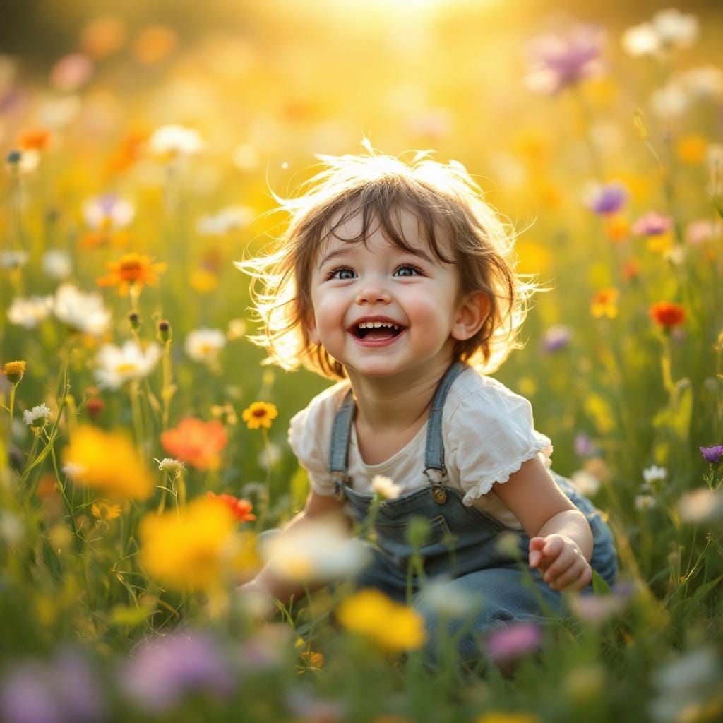 Child's Joyful Play in Sunlit Meadow: Painterly Style