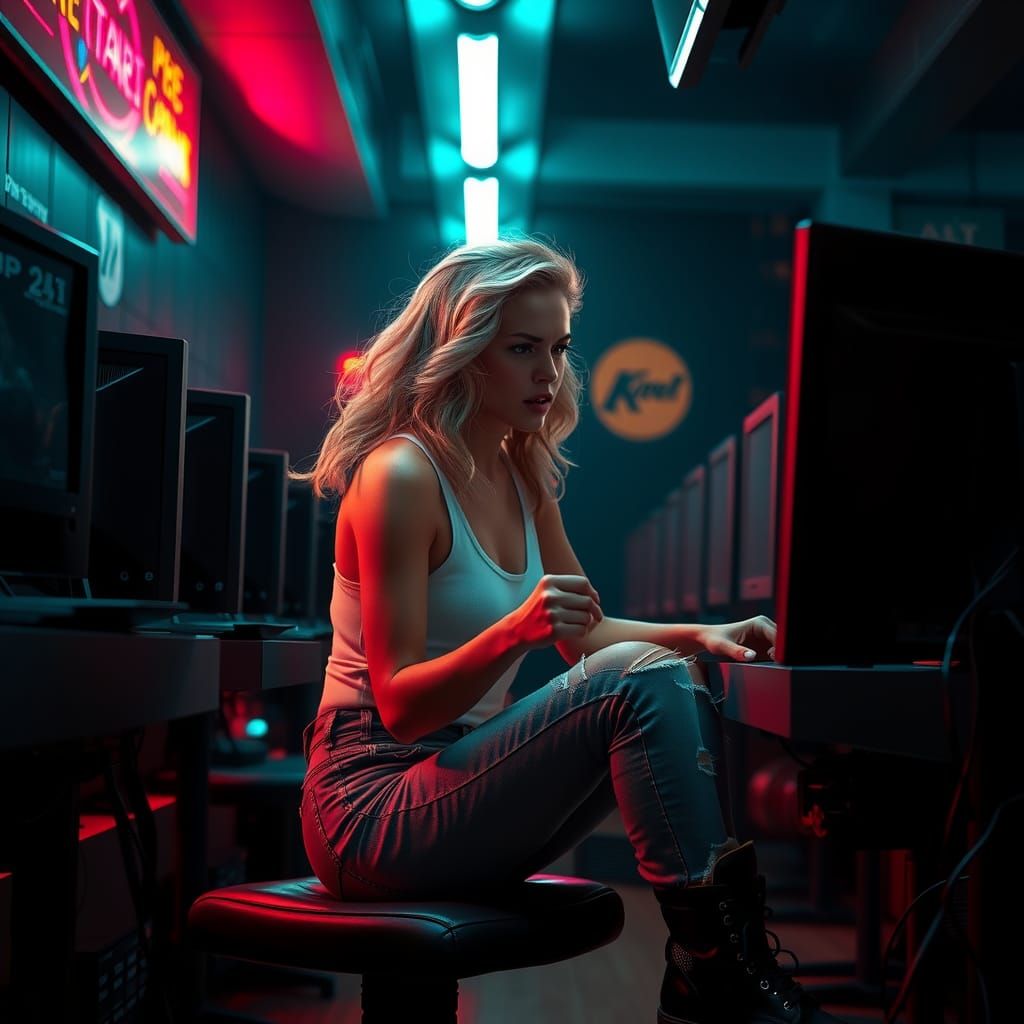 Frustrated Woman in Neon-Lit Cyberpunk Computer Club