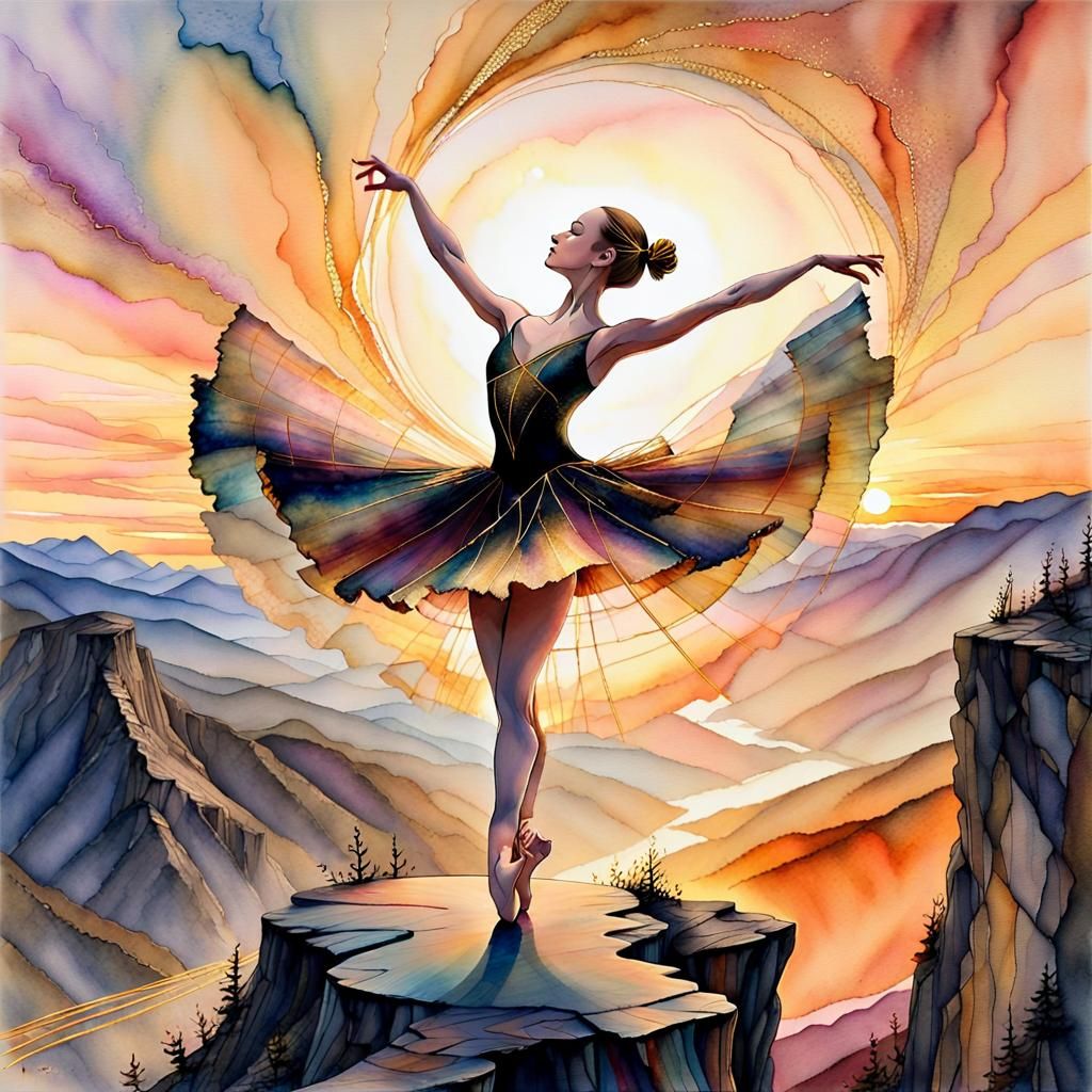Ballerina Dancing on Cliff at Sunset, Watercolor Style