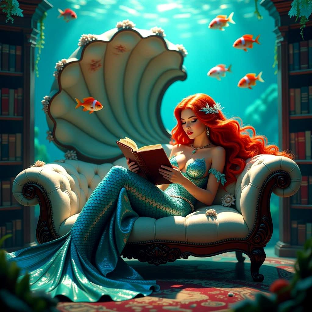 Mermaid Reading in Seashell Bookshelf Grotto