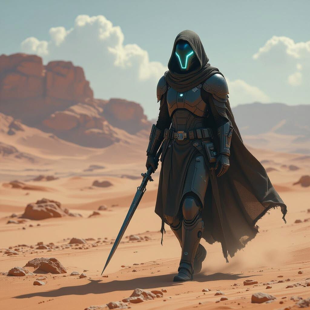 Lone Figure in Sci-Fi Desert Armor with Lance