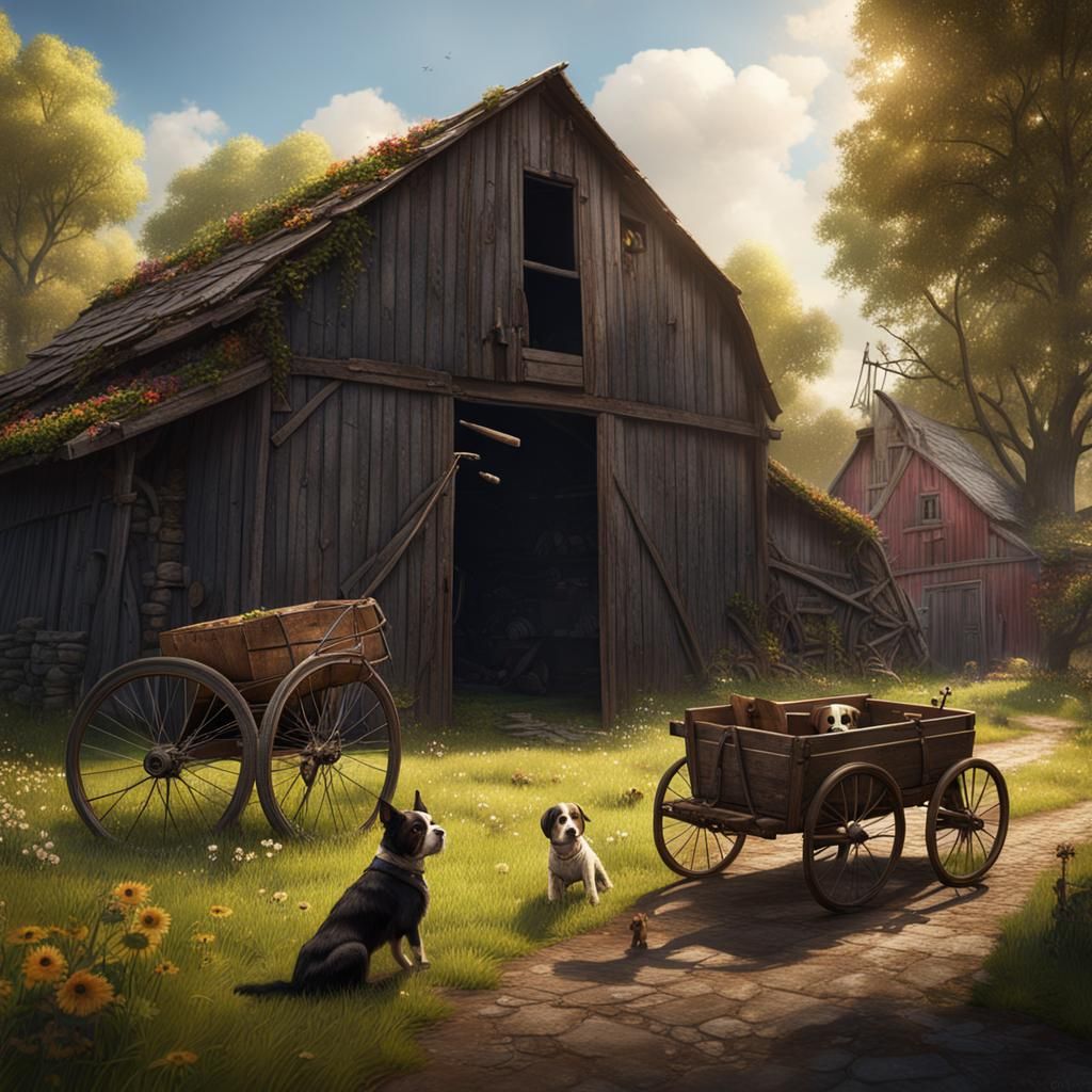 Springtime Barn Scene with Dogs, Matte Painting