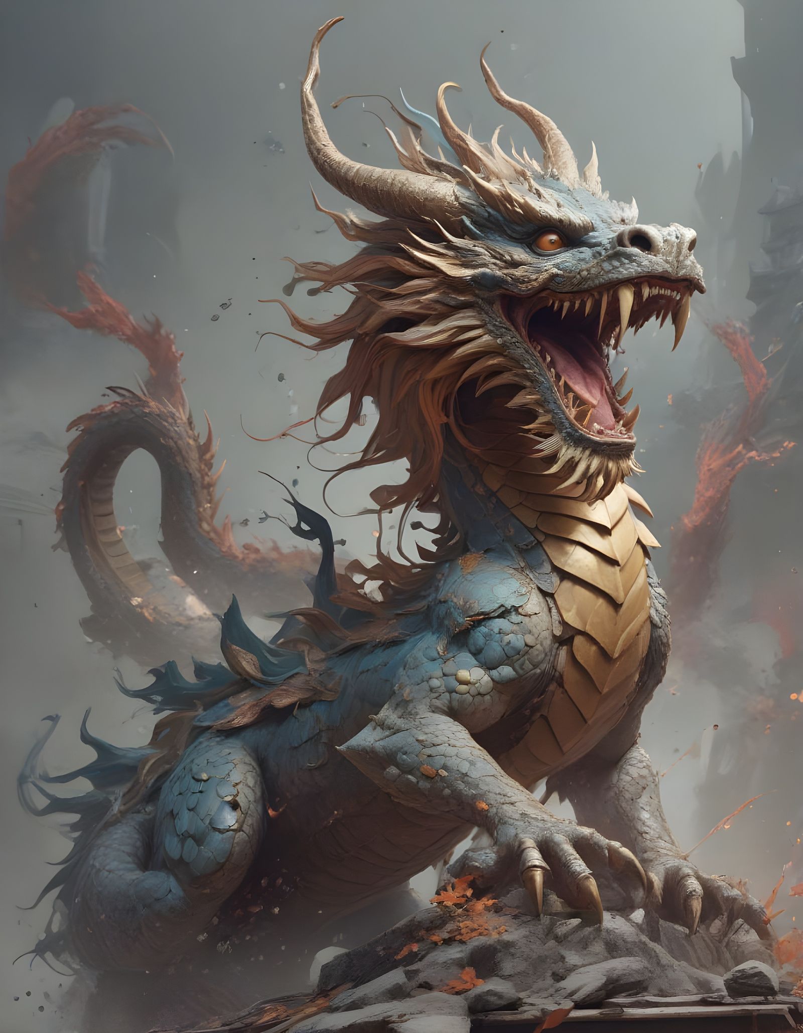 Dragon in Fiery Splendor, Watercolor Art