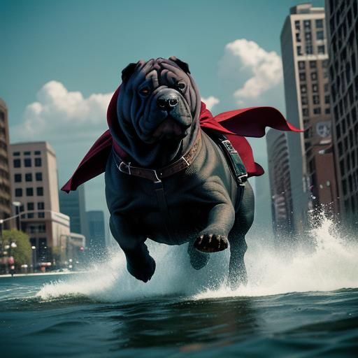 Caped Shar Pei Soars Over Baltimore: Cinematic Still