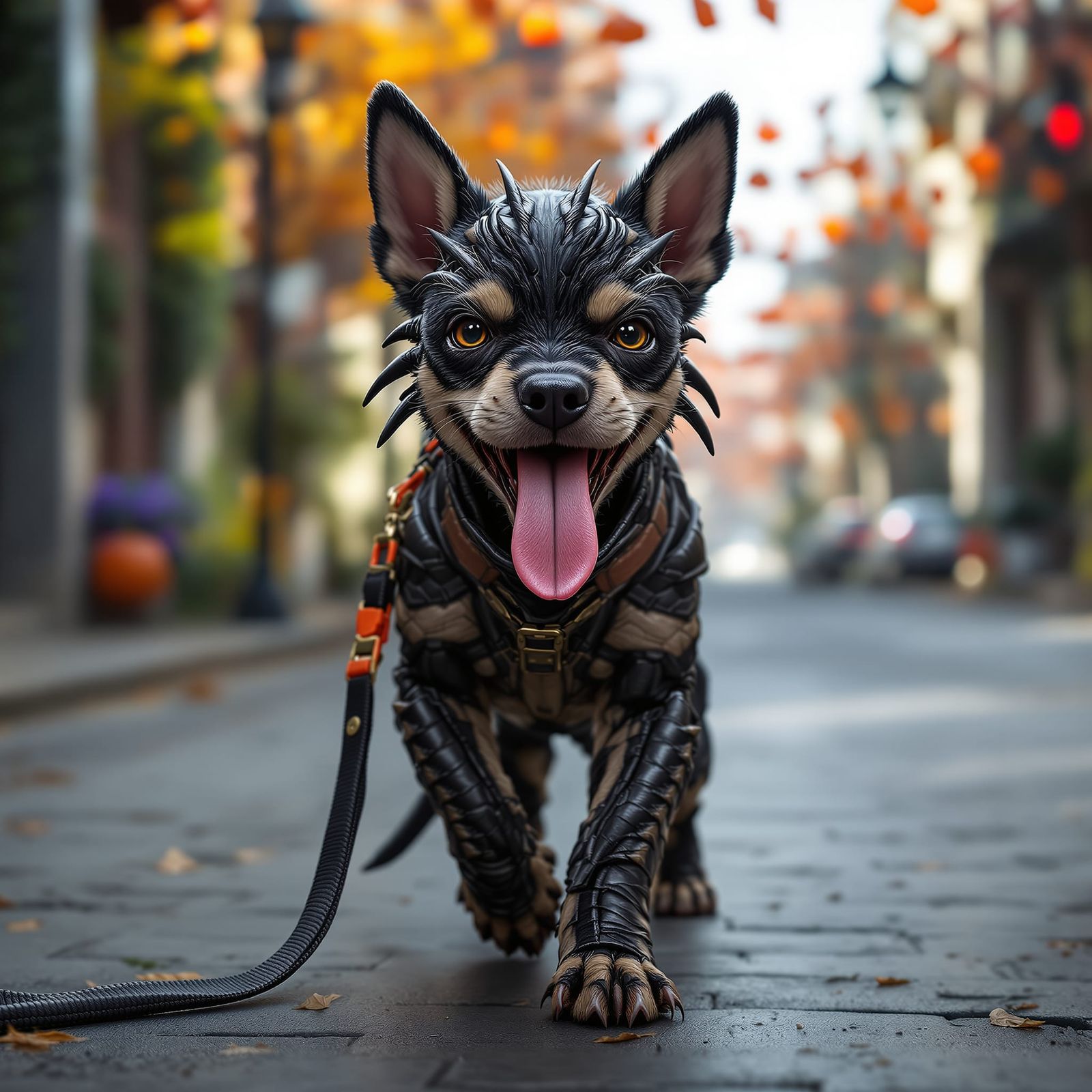 Adorable Puppy Dressed as Xenomorph on Halloween Street