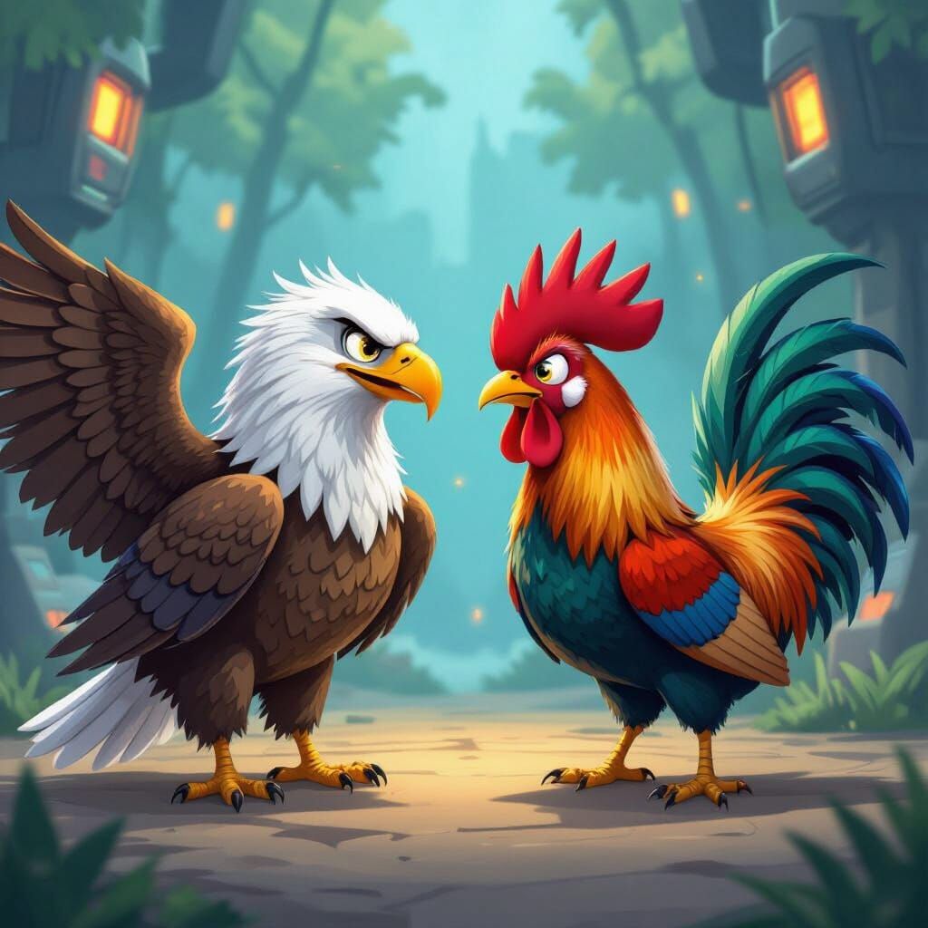 Birds of Prey Vie for Futuristic World in Cartoon Painting