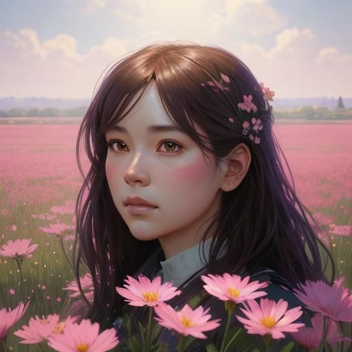 Girl and Puppy in Field of Pink Flowers
