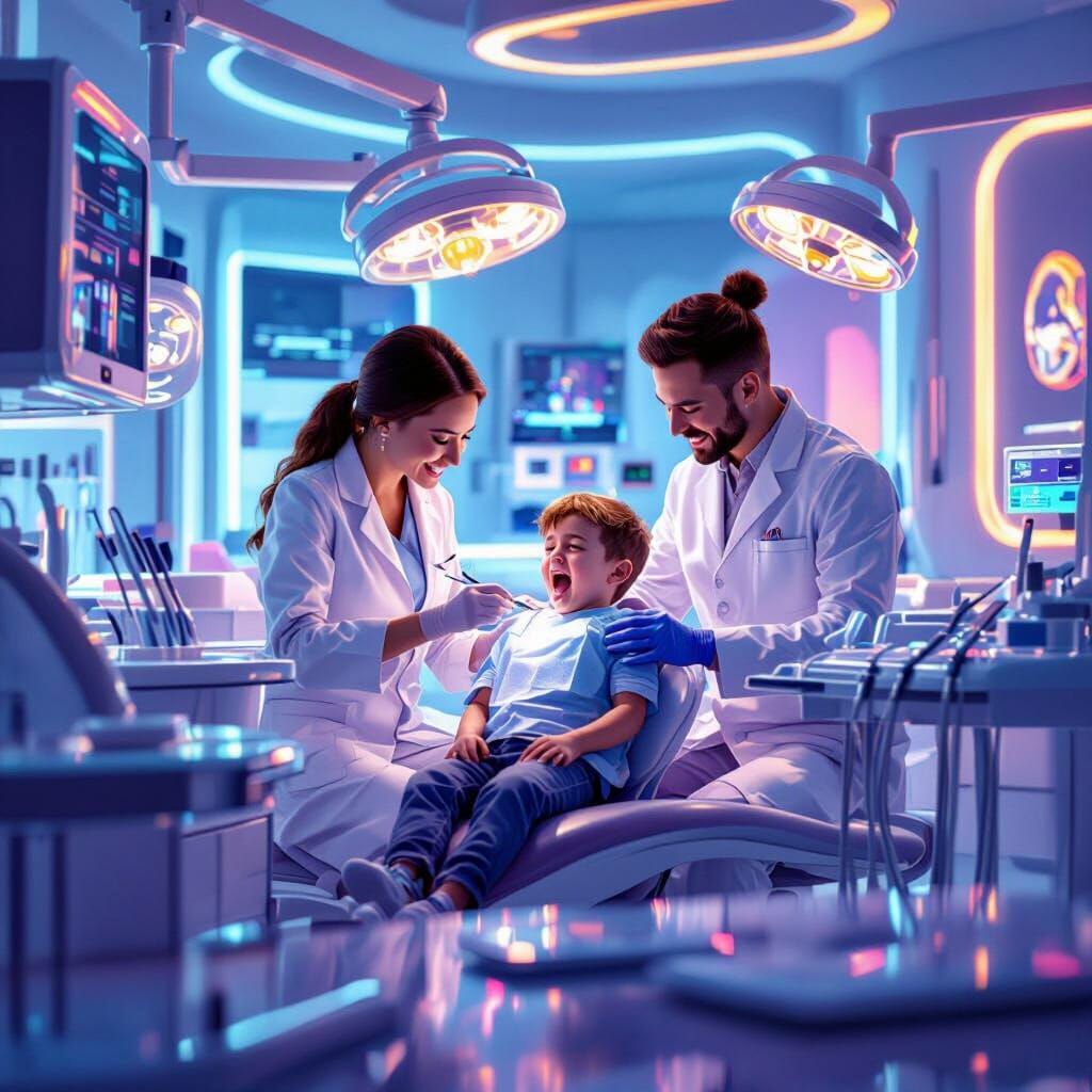 Futuristic Dental Clinic Scene in Vivid 3D Painting Style