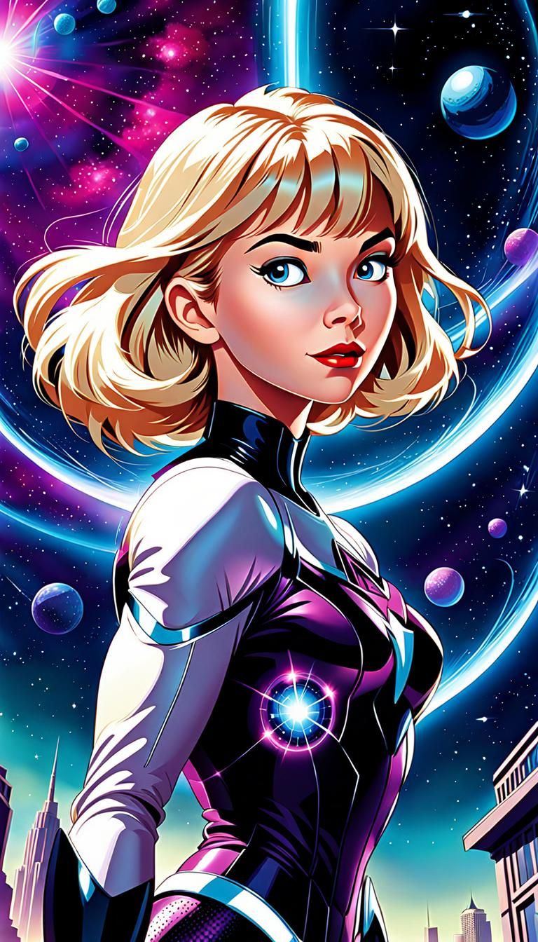 Astral Gwen Stacy in a Futuristic Cartoon Style