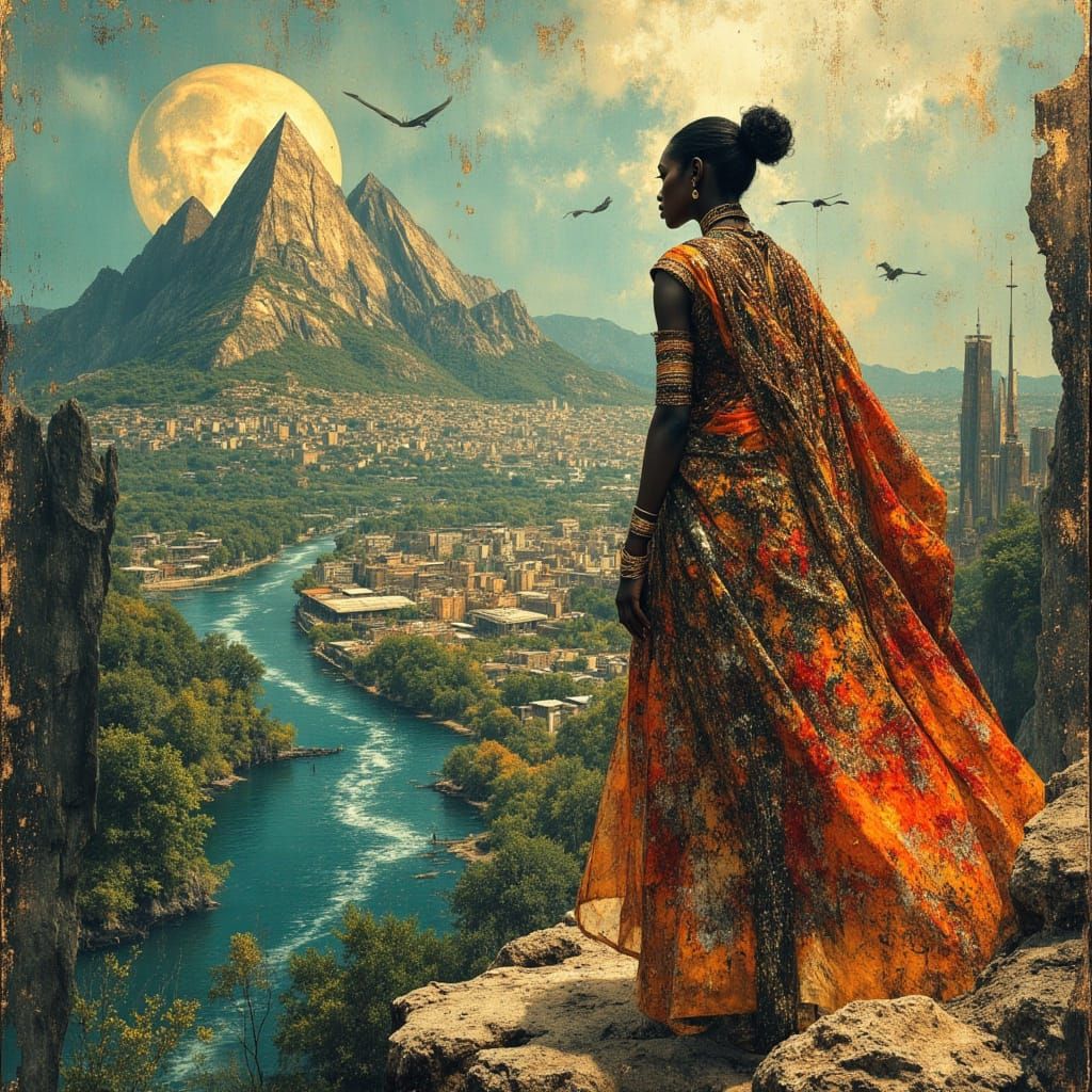 Afrofuturistic Warrior in Cityscape