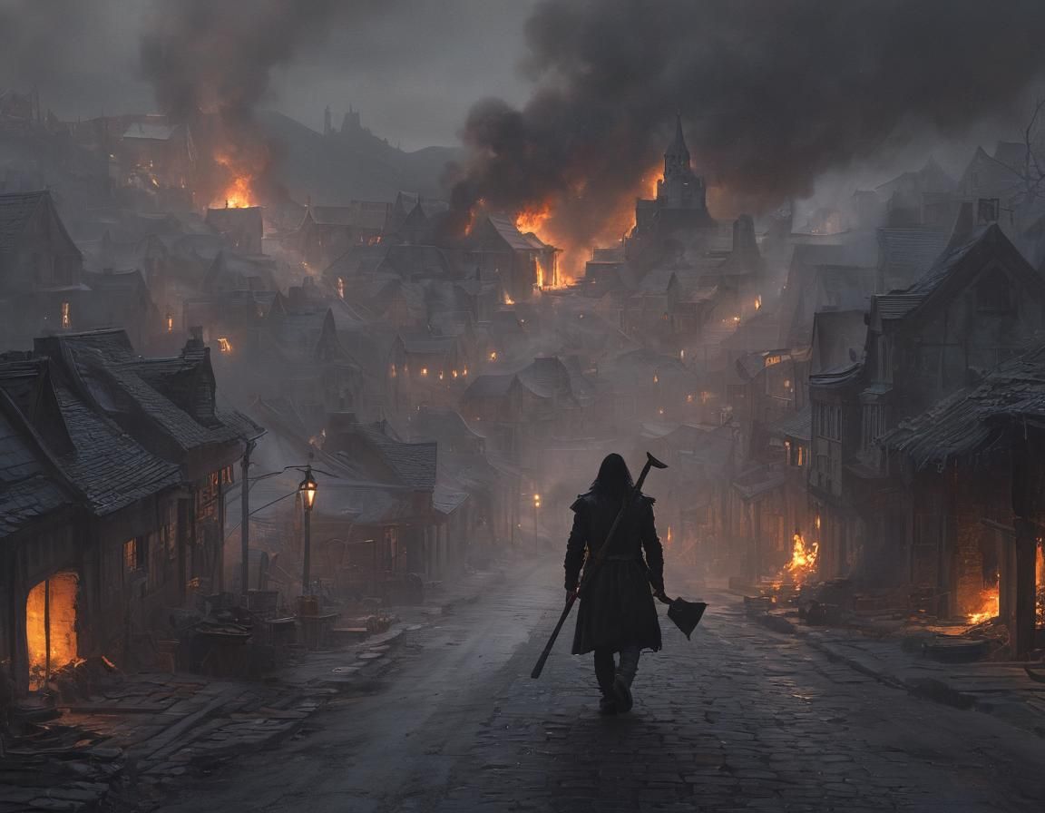 Dark Fantasy Man Walks Through Burning Town