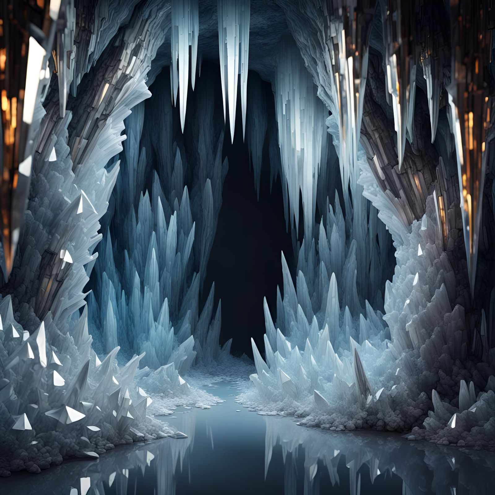 Intricate Crystal Cave with Ice Shards and Light