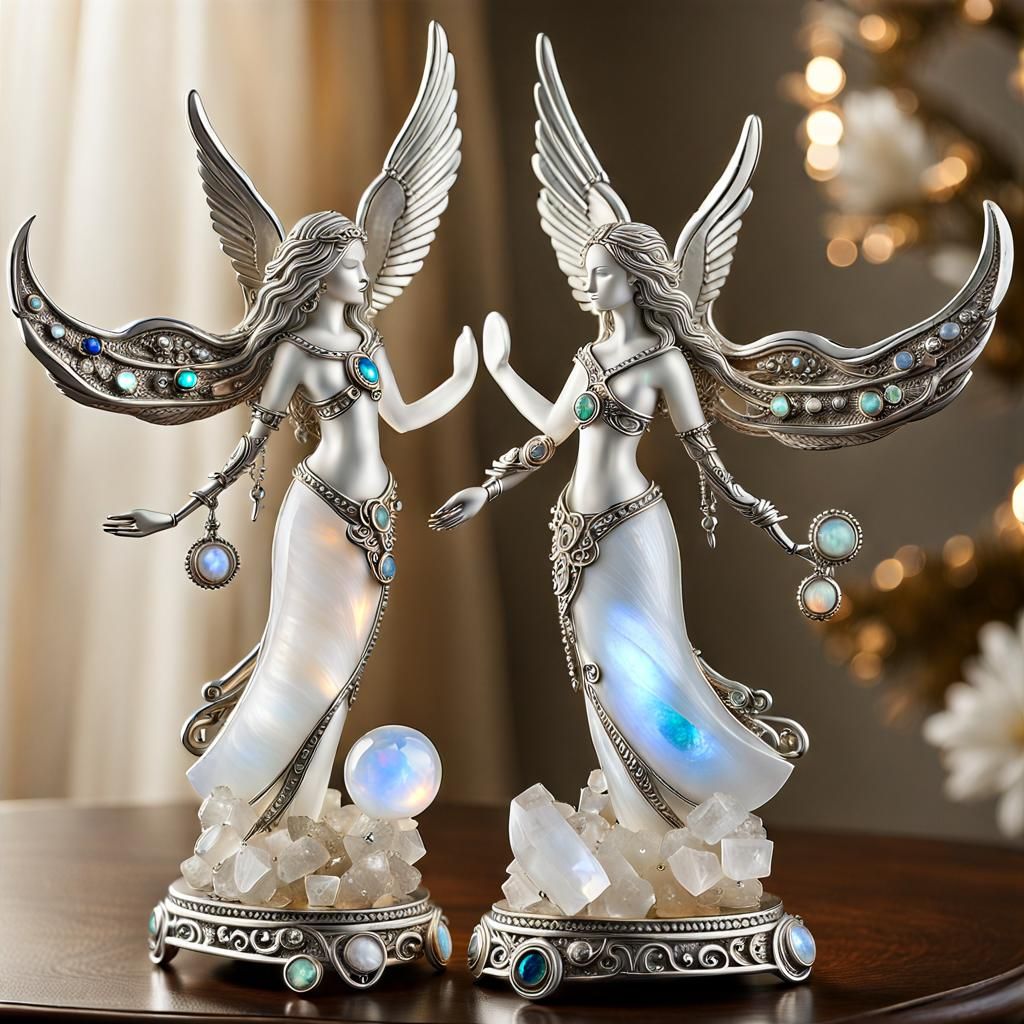 Celestial Angels Sculpture with Moonstone and Quartz
