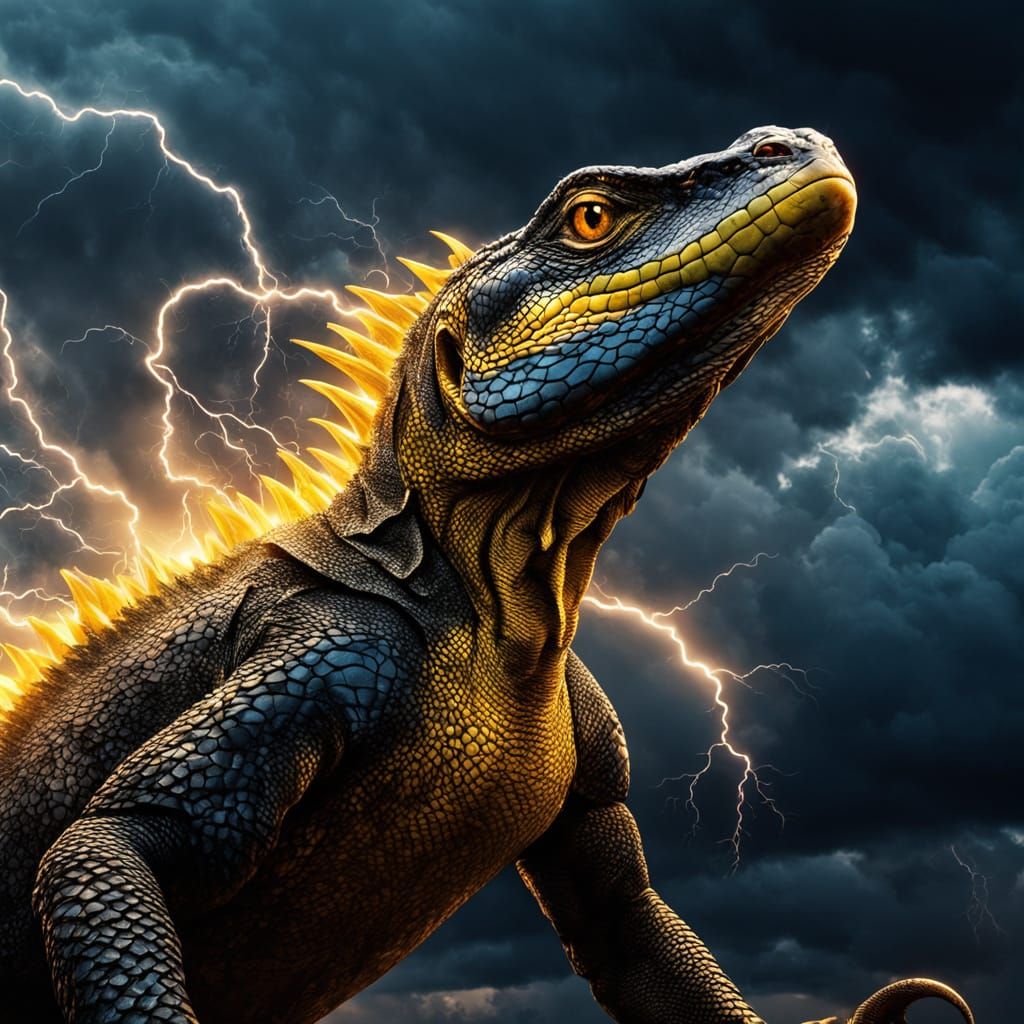 Gigantamax Lightning Monitor Lizard in Dynamic Stormy Skies