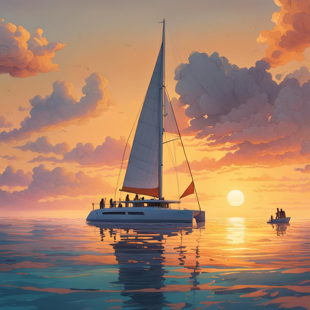 Catamaran on Calm Sea: Fantasy Art Nouveau Style