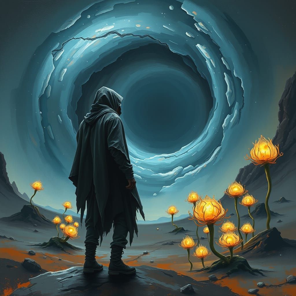 Explorer Gazing at Cosmic Vortex in Alien Landscape