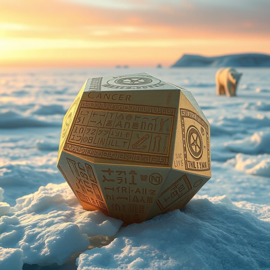 Gold Octahedron on Arctic Ice: Hyperrealistic Art