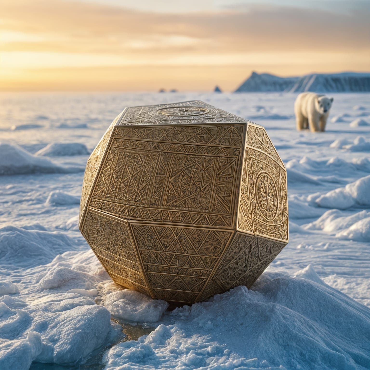 Hyperrealistic Gold Octahedron in Arctic with Polar Bear