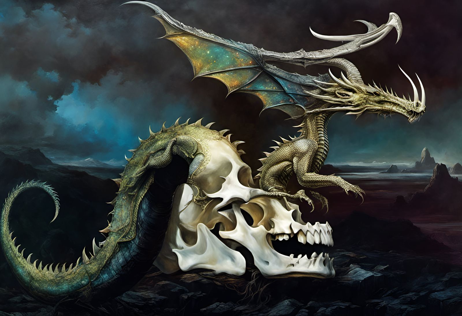 Eerie Dragon and Skull in Dark Fantasy Landscape