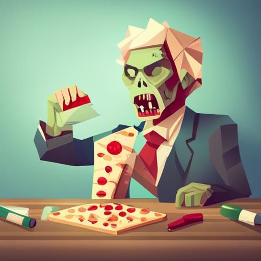 Zombie Eats Pizza in Origami Papercraft Style