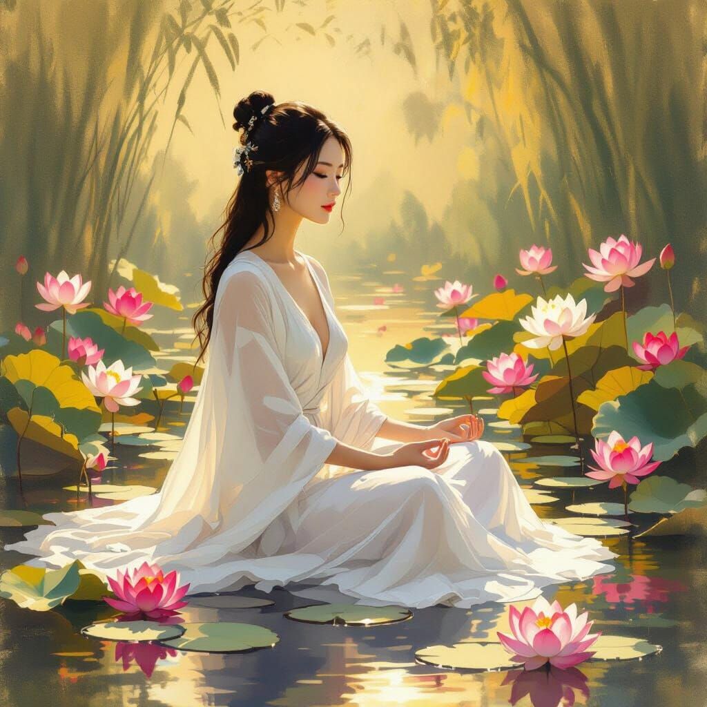 Serene Woman Meditating by Lotus Pond as Impressionist Art
