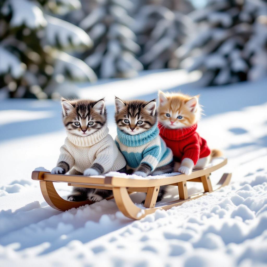 Kittens Pulling Sled on Sunny Winter Day: Photorealistic Sty...