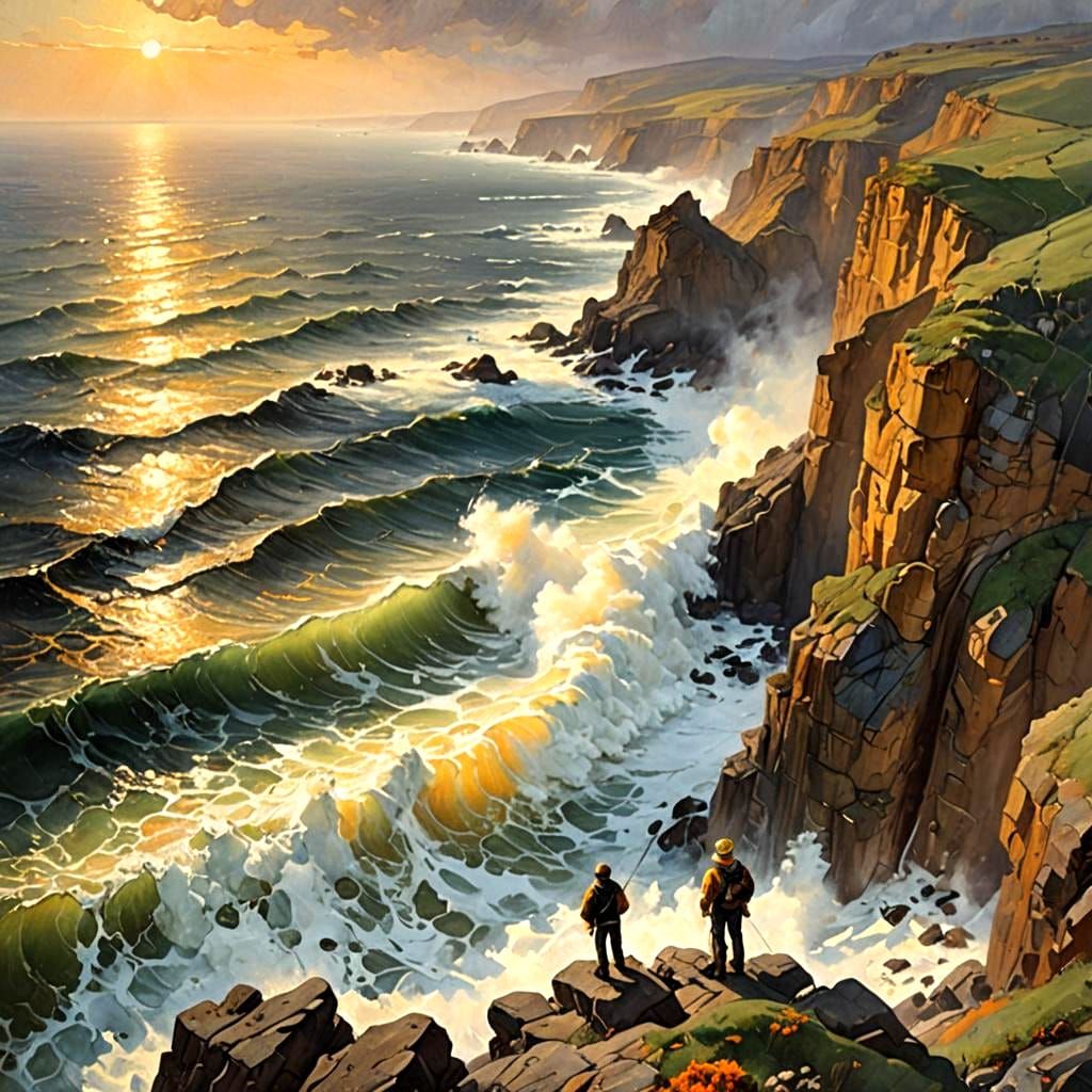 Fisherman on a Cliff, Oil Painting Style