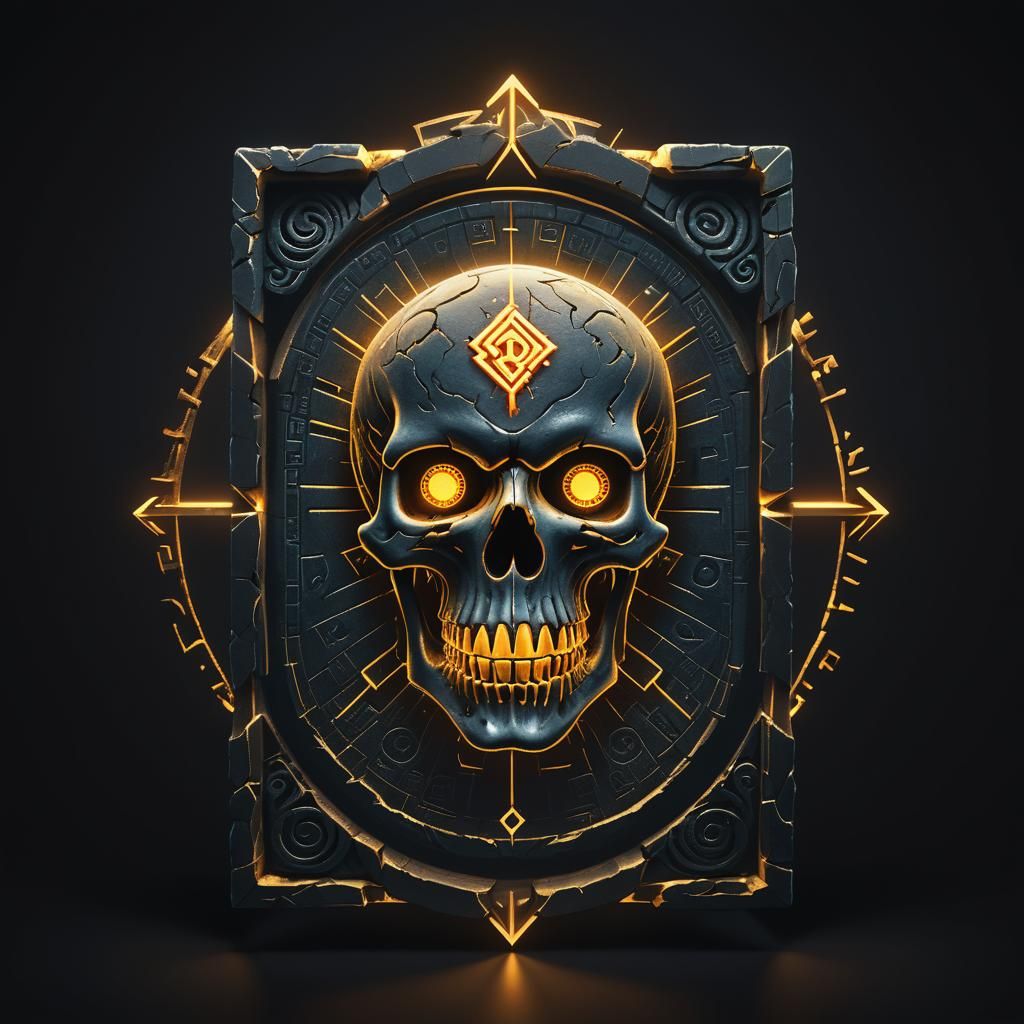 3D Skull with Glowing Runes on Tablet