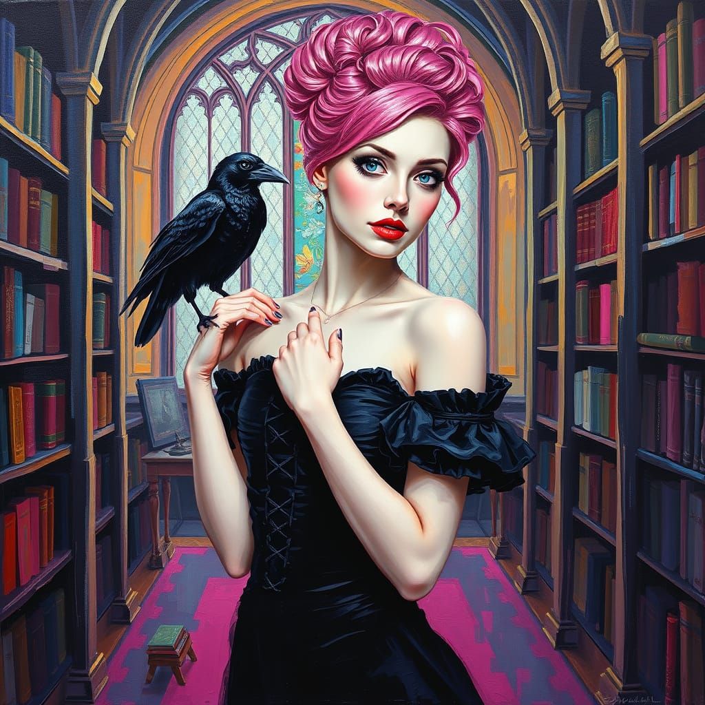 Gothic Lady with Raven in Library: Impasto Painting