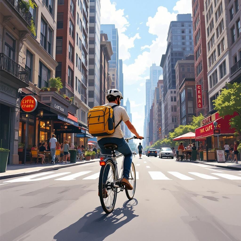 Riding a bicycle down a city street