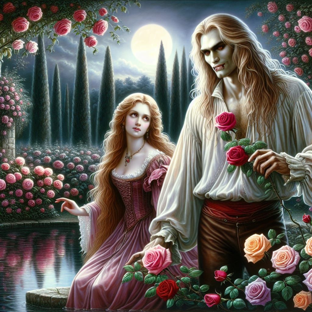 Romantic Vampire in Rose Garden Oil Painting