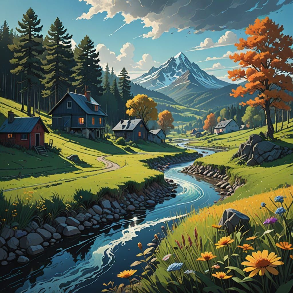 Whimsical French Countryside Scene with Vibrant Fractals